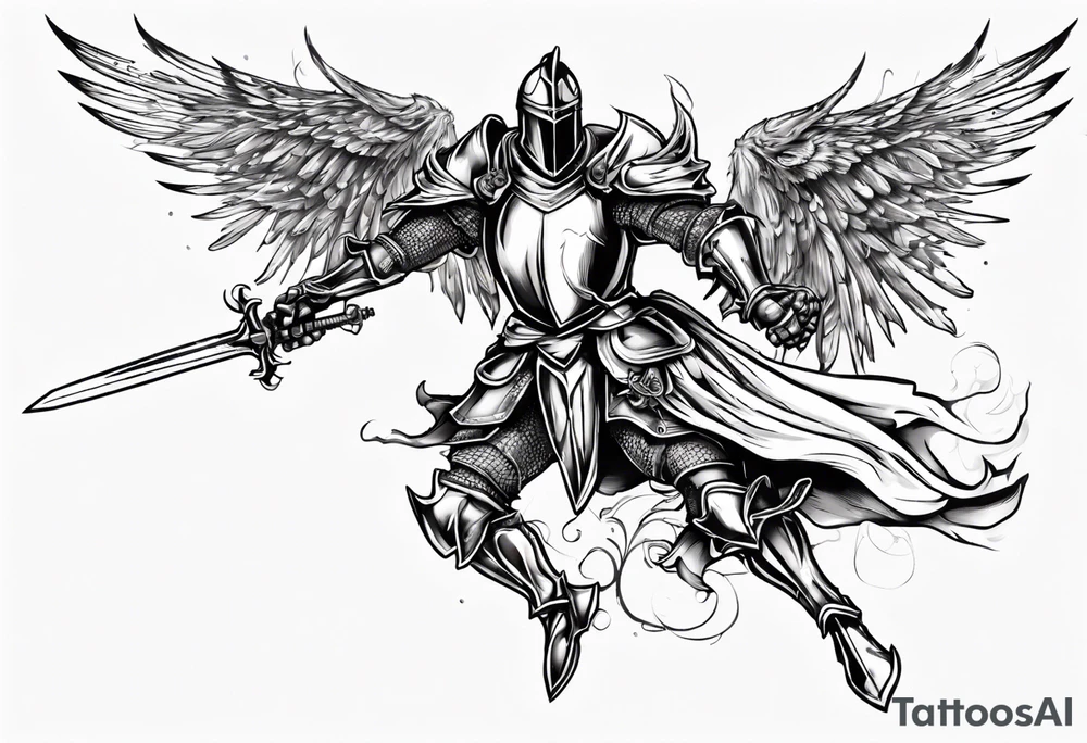 A Winged Paladin Knight in mid-air with his sword about to attack. tattoo idea