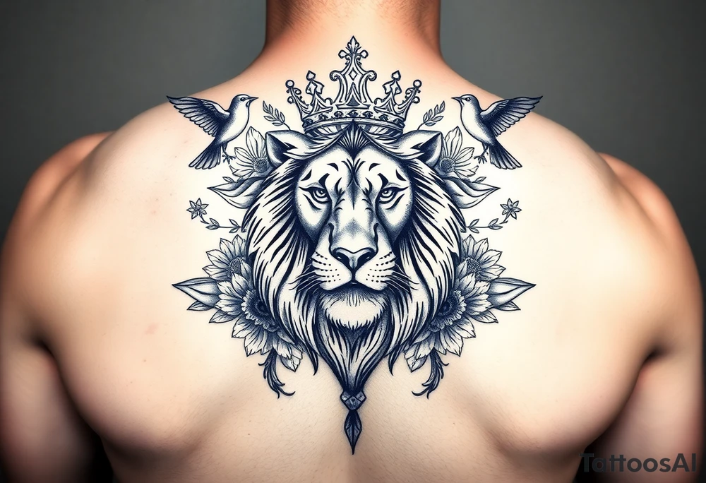 powerful majestic lion with a crown, surrounded by floral ornaments and birds tattoo idea