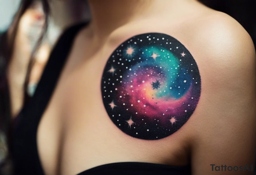 I want a spiral nebula space galaxy tattoo that's colorful and bright and cute and is nice to look at I don't want a traditional circle I want it like the ones thay look like an s shape and this tattoo will be on my left buttcheek and light colors I want more spread and less circle tattoo idea