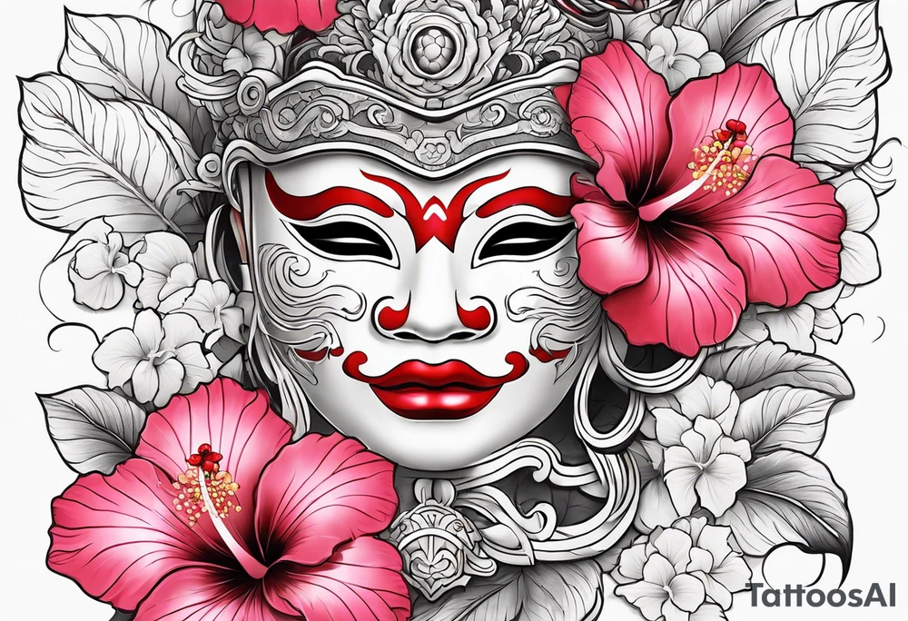 White japanese mask with red accents and pink hibiscus flowers tattoo idea