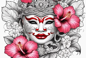 White japanese mask with red accents and pink hibiscus flowers tattoo idea