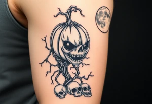 powerful wicked pumpkin head sentinel with vine and stick body, surrounded by fog, moon in the upper right background with ravens and skulls at the base tattoo idea