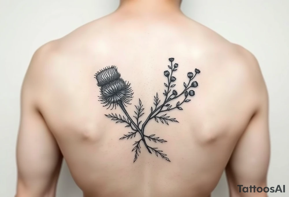 small botanical drawing of scottish thistle, olive branch/olive, and cat nip for a wrap around wrist tattoo as one plant - make it vine-like? tattoo idea