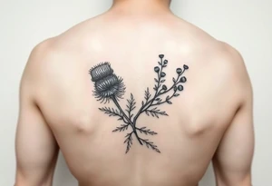 small botanical drawing of scottish thistle, olive branch/olive, and cat nip for a wrap around wrist tattoo as one plant - make it vine-like? tattoo idea