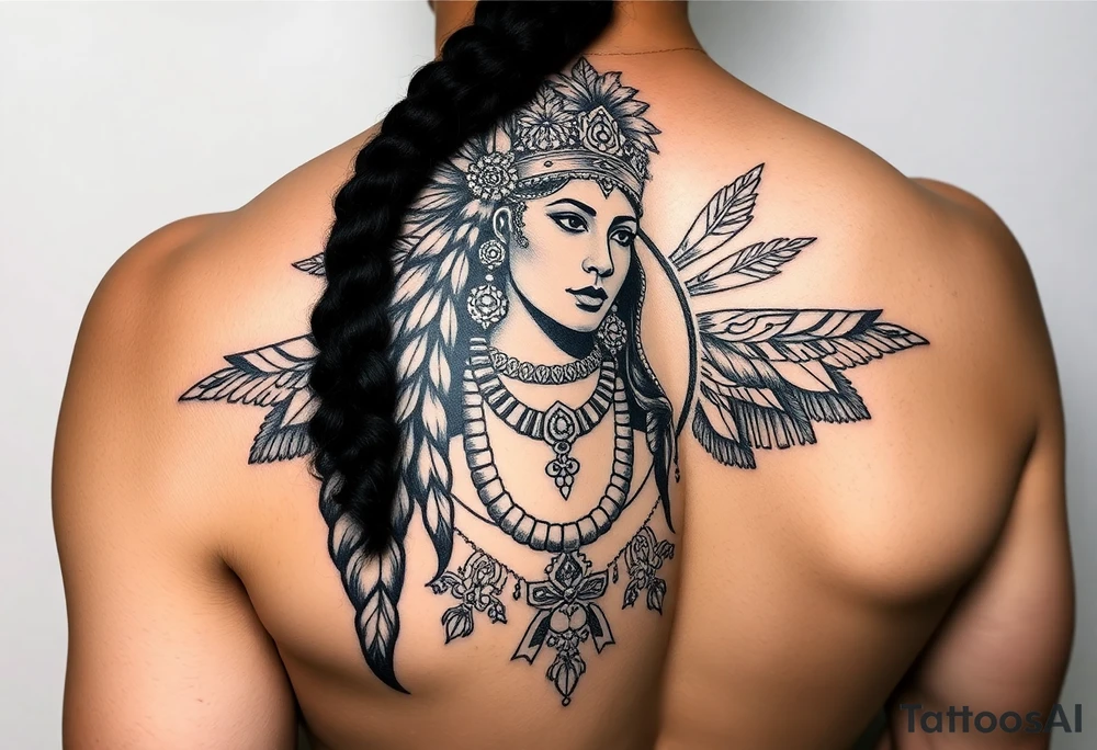 Purepecha princess surrounded by purepecha symbols historic tattoo idea