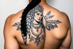 Purepecha princess surrounded by purepecha symbols historic tattoo idea