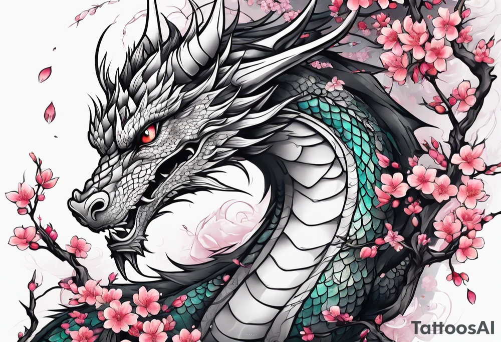 Dragon intertwined in cherry blossom, large feminine shoulder tattoo tattoo idea