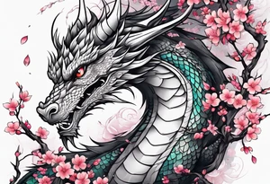 Dragon intertwined in cherry blossom, large feminine shoulder tattoo tattoo idea
