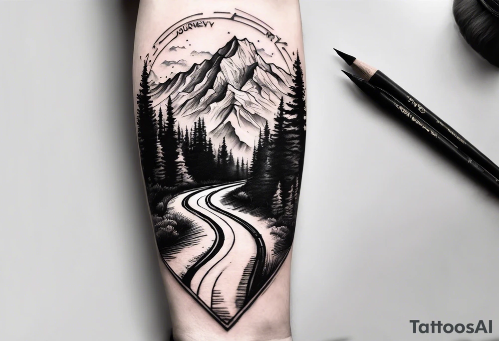 road into mountain on forearm with quote my road, my journey tattoo idea