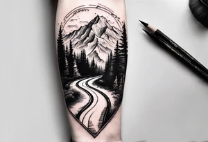 road into mountain on forearm with quote my road, my journey tattoo idea