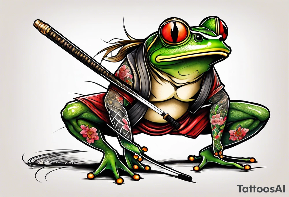 Samurai Frog with Japanese tattoos stand on one leg  with a tattoo needle instead of a sword tattoo idea