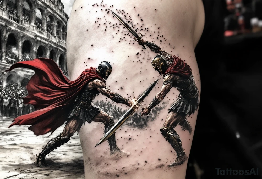 Eternal Gladiator Battle – A hyper-realistic tattoo of two gladiators locked in combat, their bronze and steel weapons clashing, sending sparks flying. Their red and black capes billow in the dust-filled arena, and the Colosseum crowd roars in the background. tattoo idea