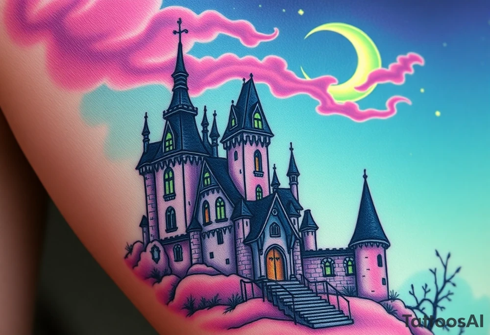 Tim Burton’s disney sleeping beauty’s haunted castle is abandoned and dripping with muted reds, dusty pinks, and eerie green glow.purple and cyan smokey clouds swirl in the crescent moonlit sky thats sprinkled with stars tattoo idea tattoo idea