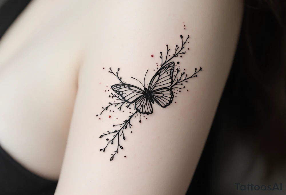 A minimalistic fine-line tattoo on light skin, depicting an abstract butterfly in motion. The butterfly’s wings are flowing and delicate, with organic, smoke-like extensions and botanical elements resembling twigs or coral subtly incorporated into the lines. The design uses thin black ink lines with occasional soft red accents. Ethereal, feminine, and airy composition with a dreamy, surreal aesthetic. tattoo idea