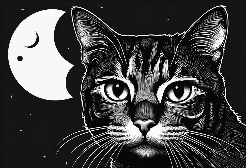 Photo realistic black cat head only facing forward add crescent moon to the left of the cat tattoo idea