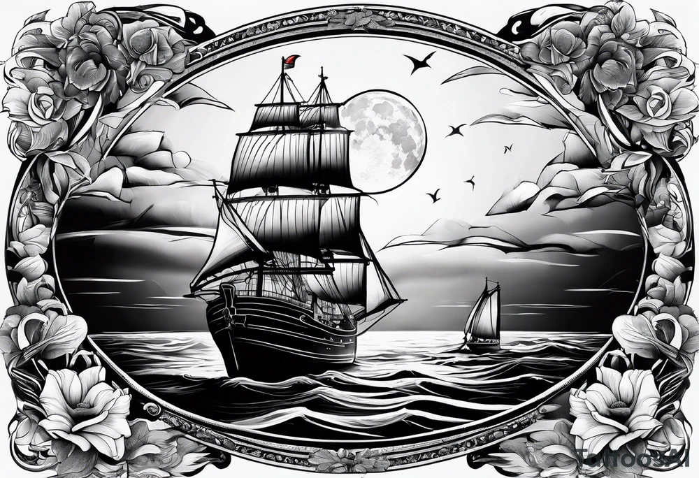 bateau, phare maritime et lune bleu tattoo idea