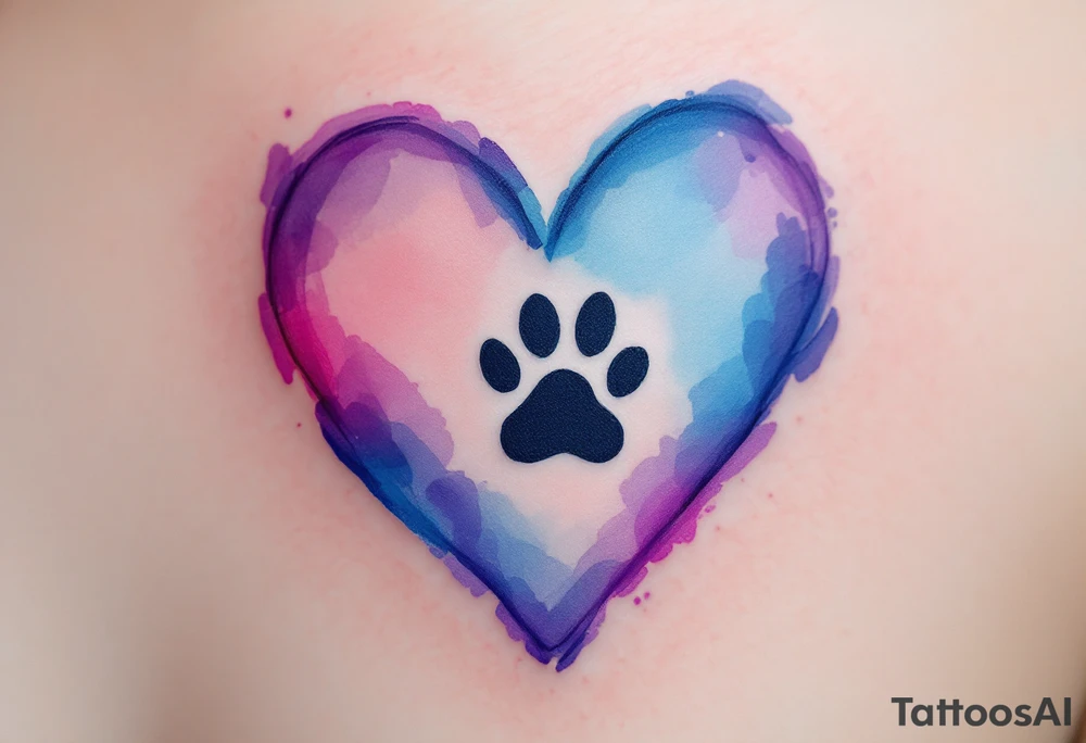 A heart created from soft, flowing watercolor brush strokes in shades of blue, pink, and purple. A small, black paw print sits at the center of the heart, creating a focal point. The watercolor effect radiates outward from the heart, blending seamlessly into the skin. Light Blue, Soft Pink, Purple (for watercolor), Black (for paw print). tattoo idea