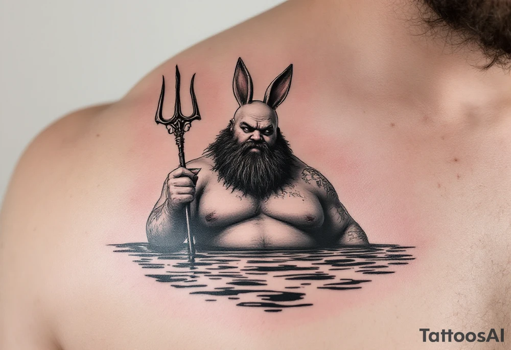 fat poseidon with trident half way in calm water with a martini and bunny ears tattoo idea