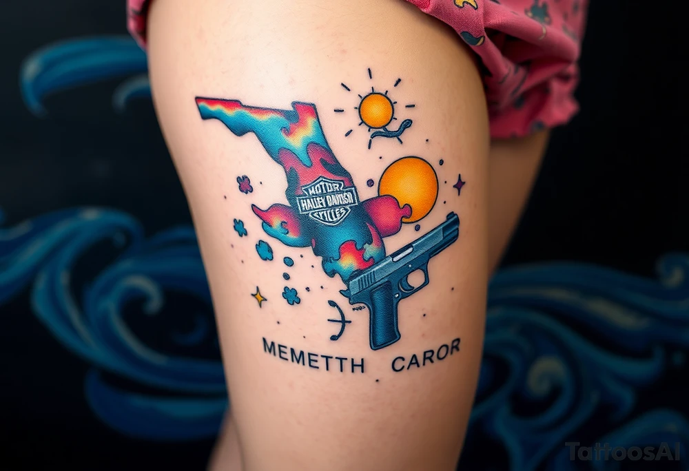 colorful futuristic memory tattoo for passed boyfriend; Florida, gulf coast water, Harley Davidson, skateboarding, puzzle pieces, video games, heaven, god, outdoors, beretta 9mm gun, disc golf, words "MEMENTO MORI" & DARTH CARTER tattoo idea