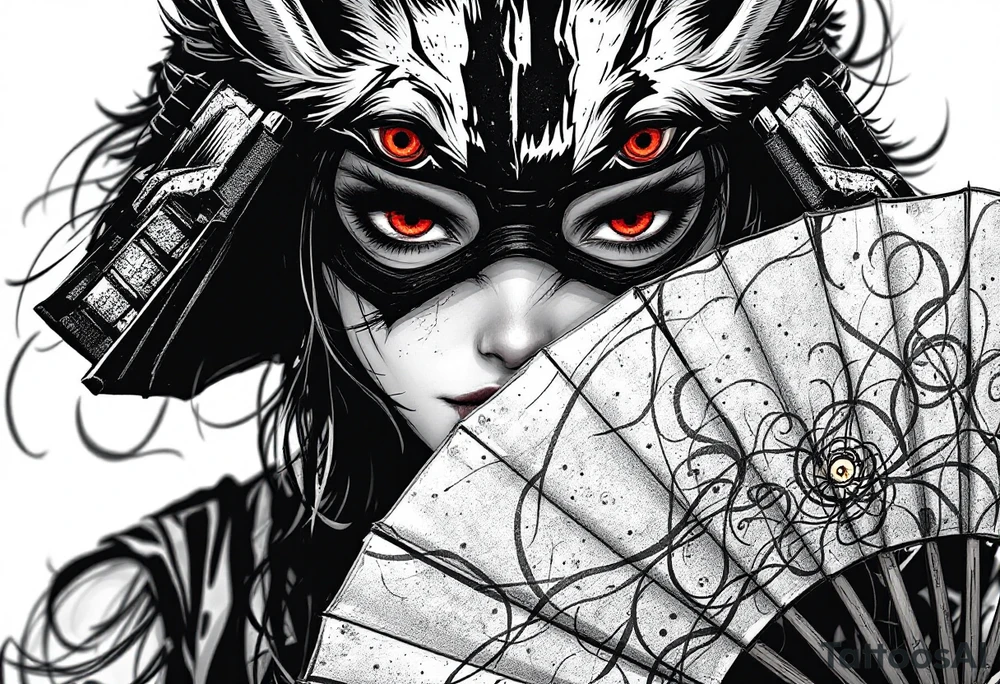 Woman samurai with red eyes wearing an half and broken kitsune mask, holding a japanese fan with irises. tattoo idea