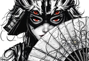 Woman samurai with red eyes wearing an half and broken kitsune mask, holding a japanese fan with irises. tattoo idea
