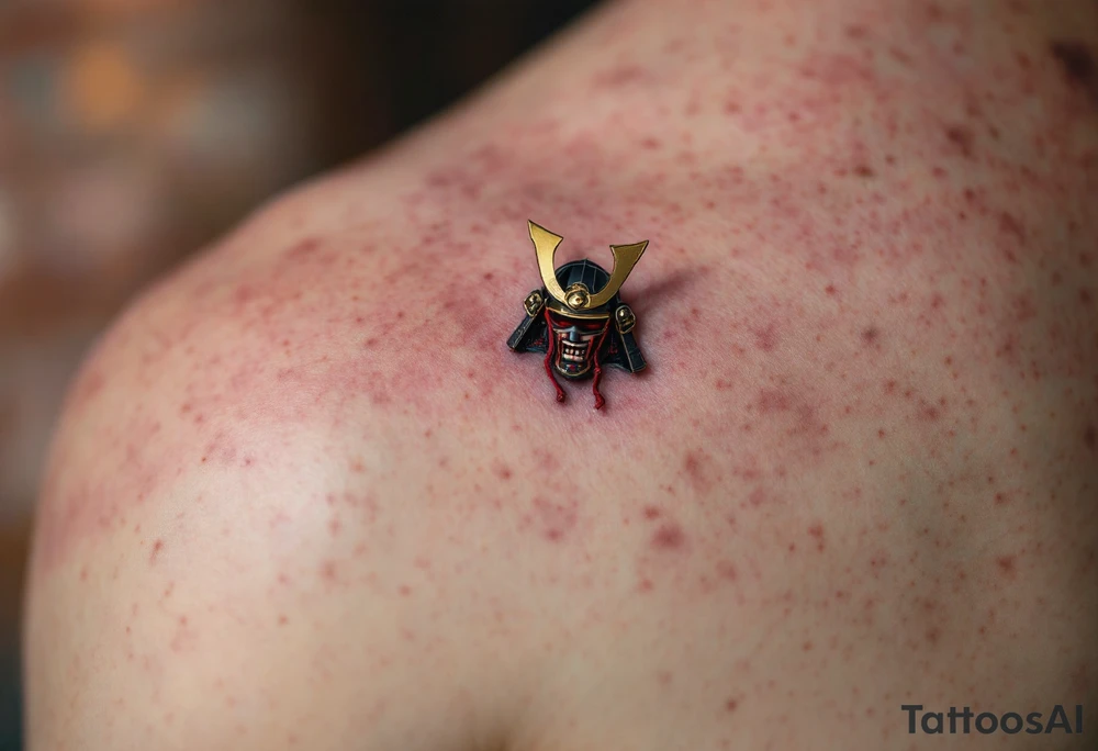 A samurai helmet (kabuto) in deep black steel with crimson cords and gold trim. tattoo idea