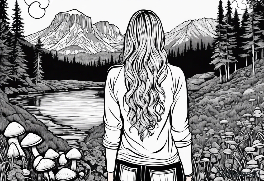 Whole picture encircled fully

Straight long blonde hair hippie girl in distance holding mushrooms in hand facing away toward mountains and creek surrounded by mushrooms long sleeve shirt and hiking pants; whole rendering within a full celtic circle, no cut off circle tattoo idea
