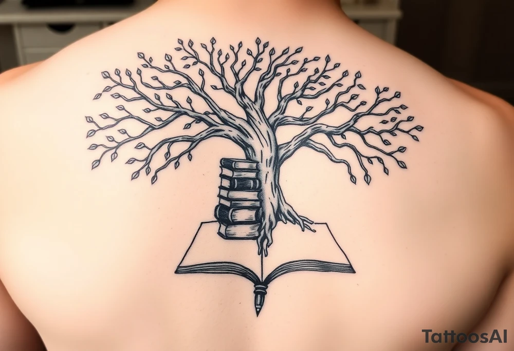 Majestic tree of knowledge with books connected as roots stacked up and an open journal with beautiful cursive writing at the base with a fountain pen tattoo idea