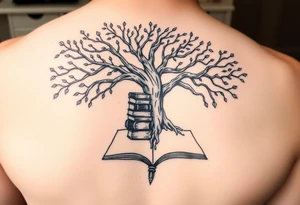 Majestic tree of knowledge with books connected as roots stacked up and an open journal with beautiful cursive writing at the base with a fountain pen tattoo idea