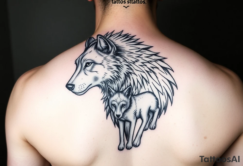 A solitary yet sublime and noble wolf and its progeny. tattoo idea