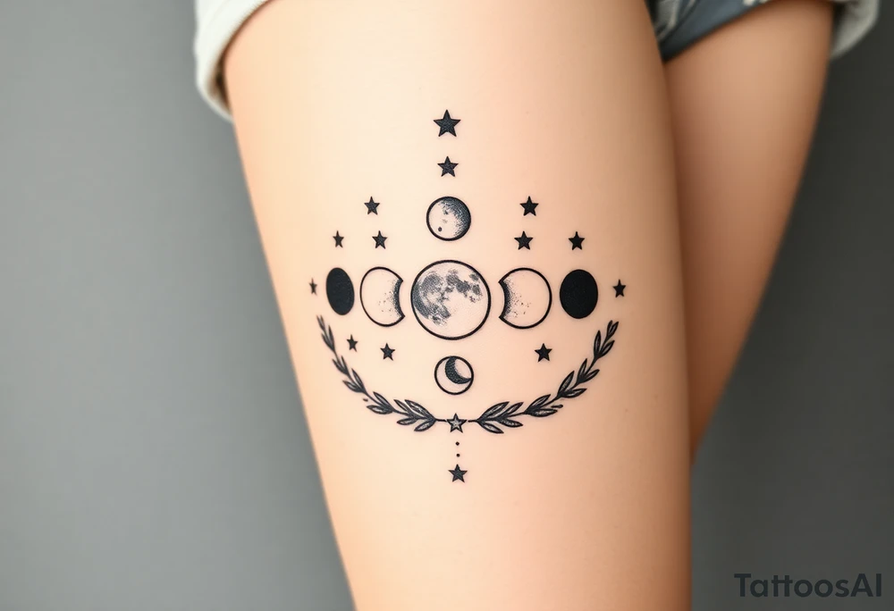 the 9 moon phases lined up vertically with stars and olive branches tattoo idea