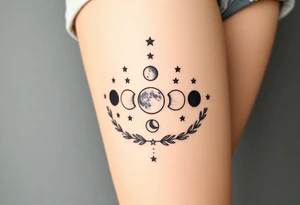 the 9 moon phases lined up vertically with stars and olive branches tattoo idea