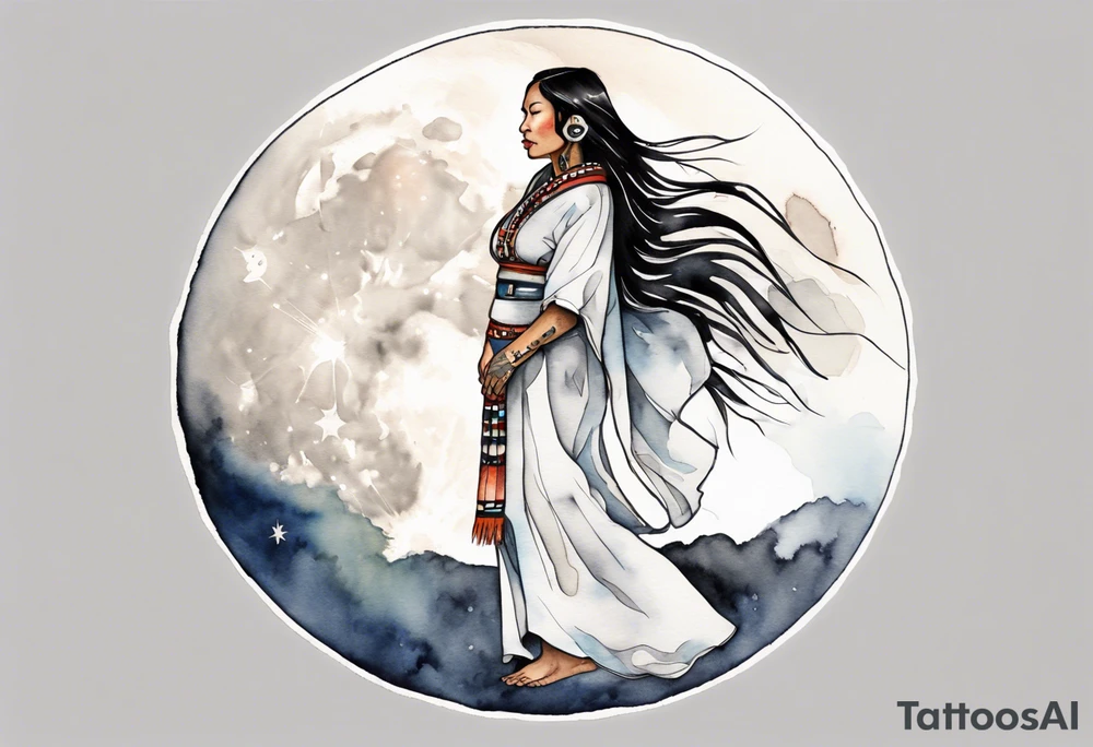 a watercolor of a beautiful 40-year-old Anishinaabe woman wearing black and white robes standing on the moon tattoo idea