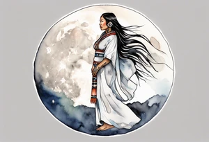 a watercolor of a beautiful 40-year-old Anishinaabe woman wearing black and white robes standing on the moon tattoo idea