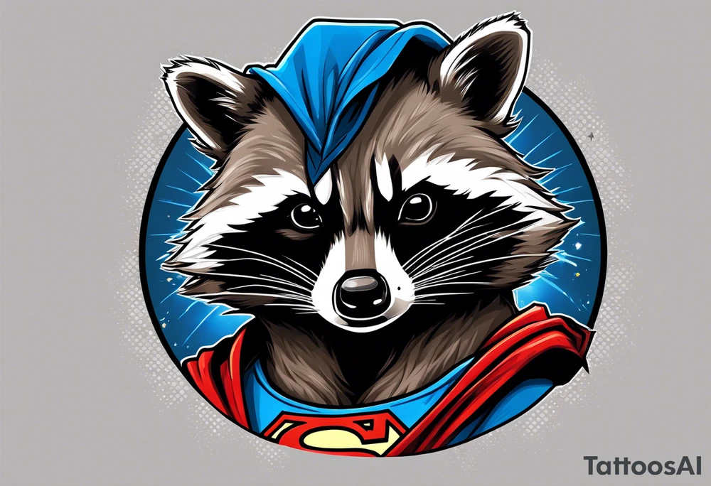 raccoon wearing a Superman hoodie tattoo idea