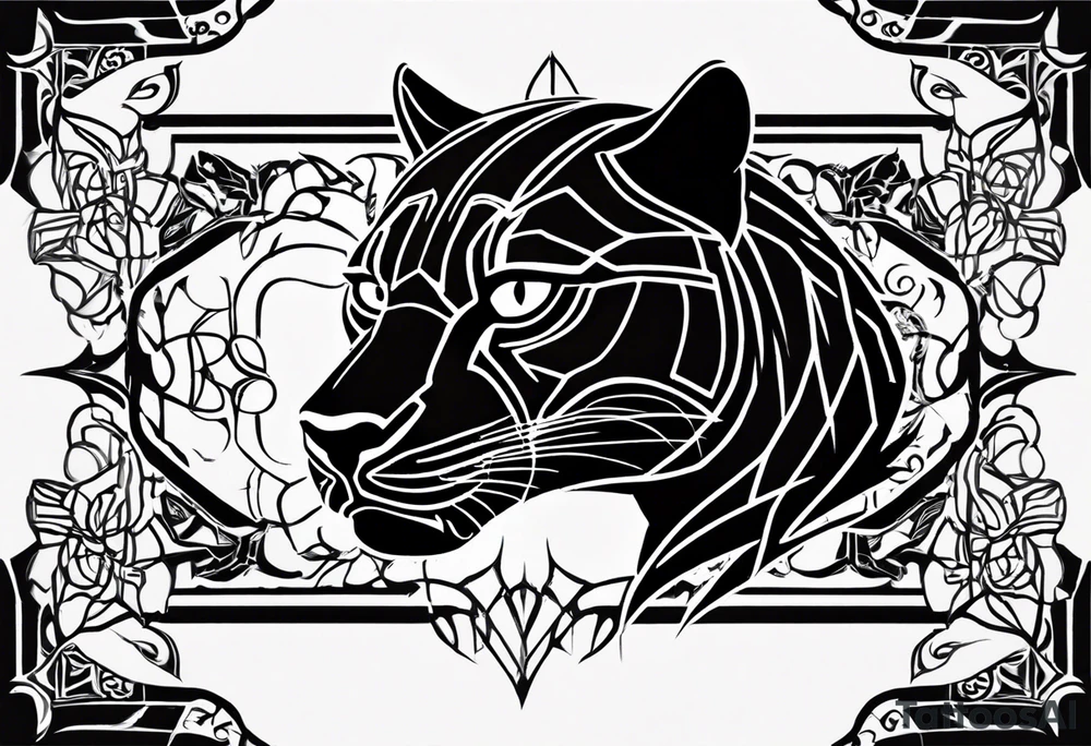 Design a unique black panther tattoo. The panther should be portrayed in a dynamic pose, showcasing its strength and grace. Its eyes should be a striking red, adding an intense and captivating element to the design. The overall composition should have an artistic flair, blending realism with abstract elements to create a visually stunning and original tattoo tattoo idea