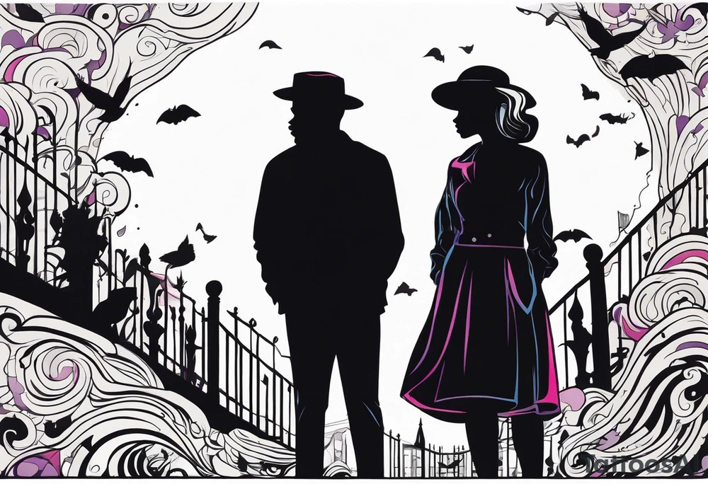 2 black shadows of people standing over 2 black shadows of murdered people tattoo idea