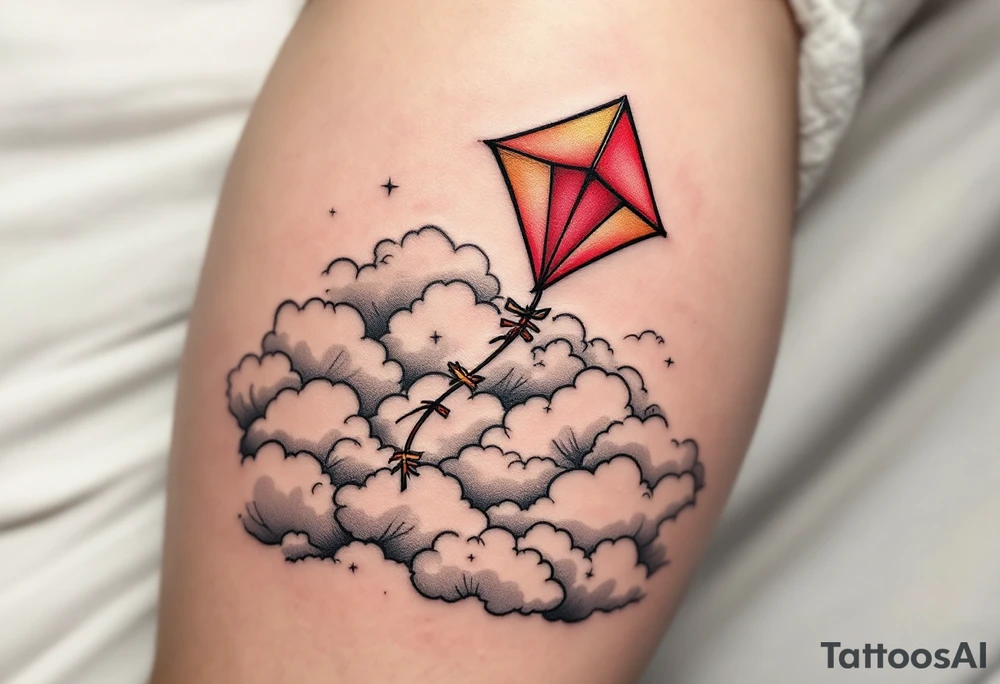 A red and gold kite soaring high over clouds, capturing childlike freedom and joy. tattoo idea