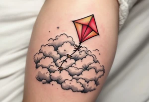 A red and gold kite soaring high over clouds, capturing childlike freedom and joy. tattoo idea