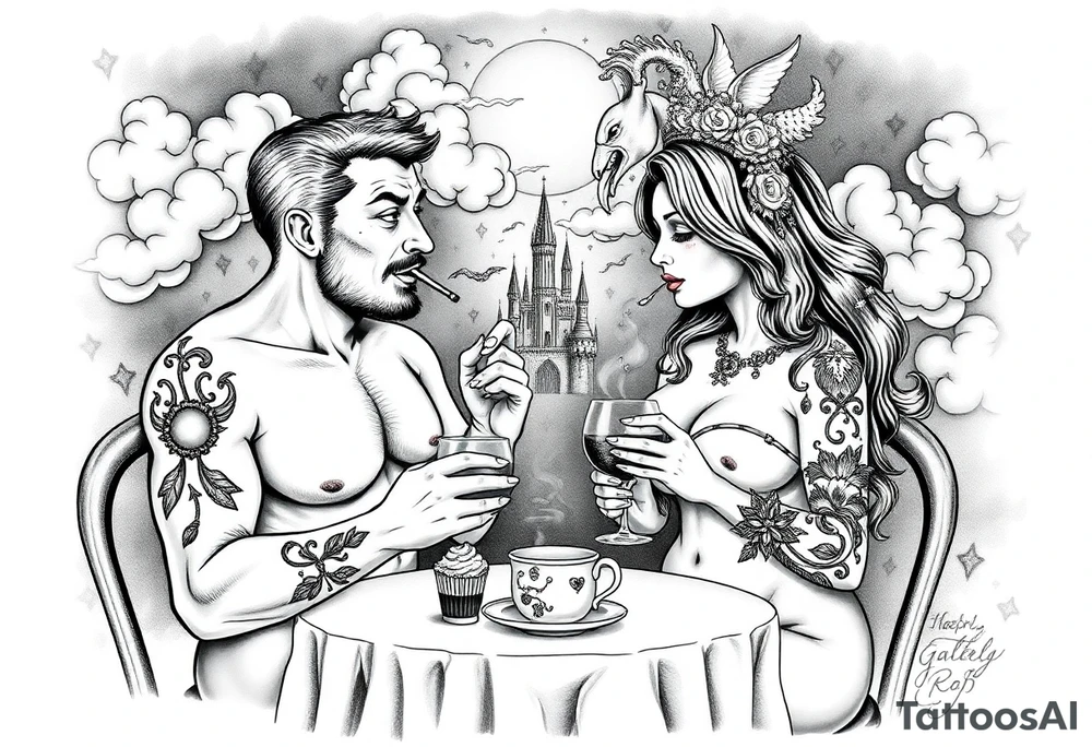 Mystical Naked Man and woman eating cupcakes and liquor fruit  having sex clouds gothic sexy naked fat lady having a tea party with tea pot and castle 
with a pigs, peacock, noose, lion, goat, smoking cigerettes looking in the mirror thru storm clouds with razor blades and broken hearts and darkness and wrath, envy , gluttony, greed, sloth, pride kill tattoo idea