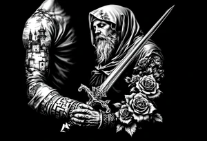 Saint Barbara holding sword with castle tower in the back and roses tattoo idea