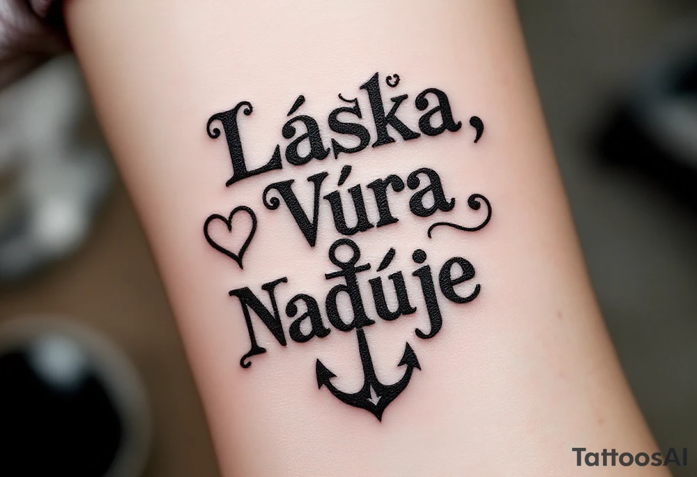 Bold typewriter-style "Láska, Víra, Naděje" in deep charcoal, with a faint heart, cross, and anchor drawn behind each word. tattoo idea