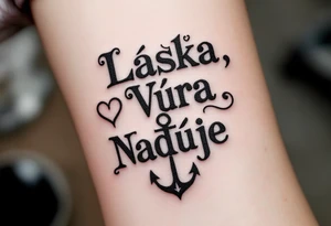 Bold typewriter-style "Láska, Víra, Naděje" in deep charcoal, with a faint heart, cross, and anchor drawn behind each word. tattoo idea