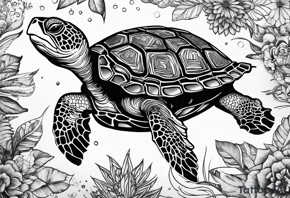 Turtle high on drugs, close up tattoo idea