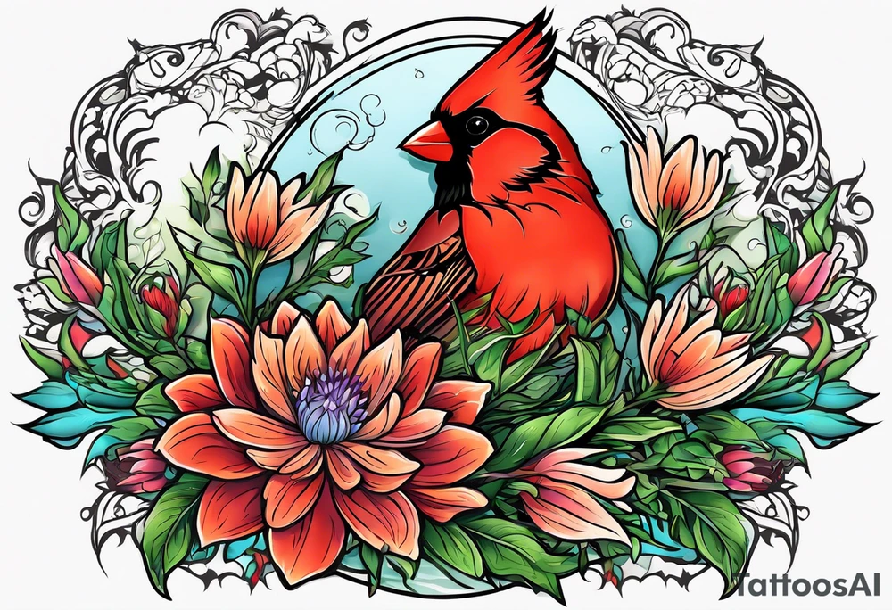 Aster flowers and sea rocket flowers with a cardinal around the words Dad tattoo idea