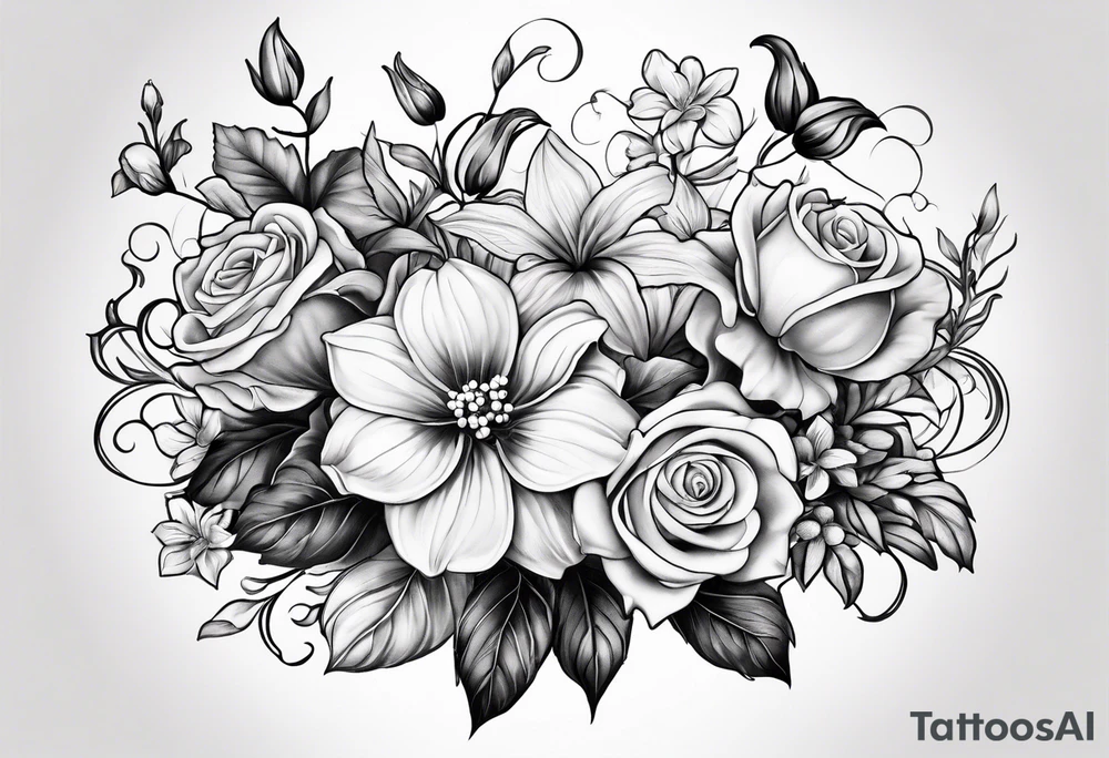 Bouquet of roses, violets, chrysanthemums, morning glories, and lily of the valley tattoo idea