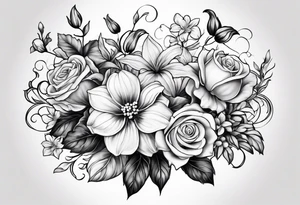 Bouquet of roses, violets, chrysanthemums, morning glories, and lily of the valley tattoo idea