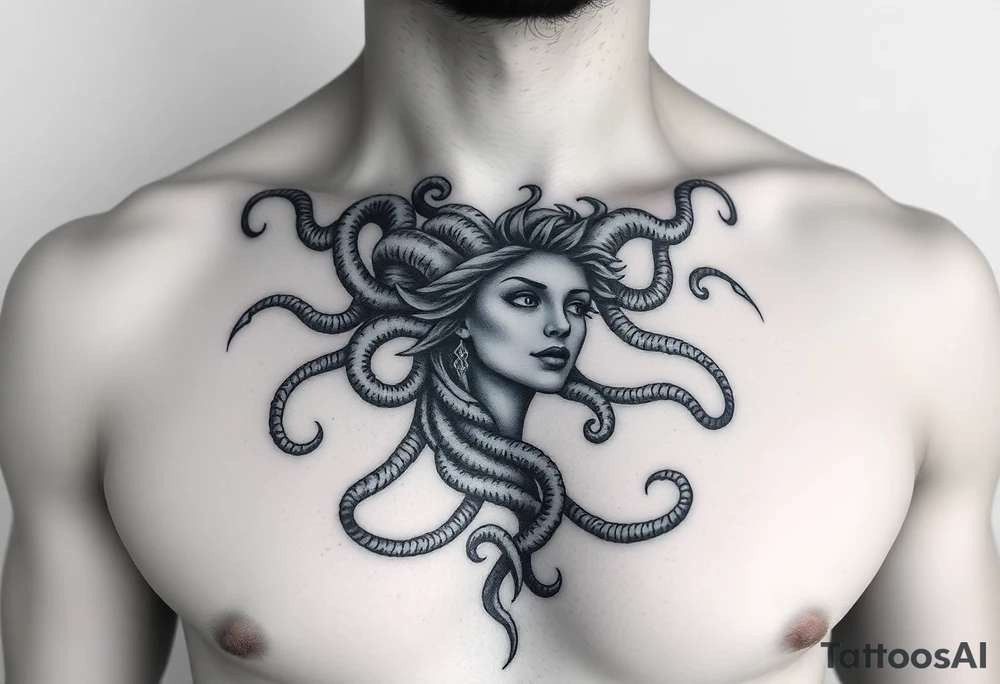 A Beautiful soft feminine sexy Medusa chest peice Black and white with shading fairy like, no harsh lines tattoo idea