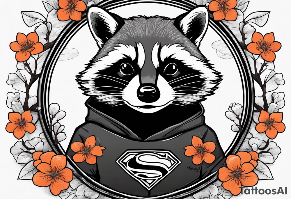 Raccoon wearing a white Superman logo on a black hoodie and orange Japanese cherry blossoms beside tattoo idea
