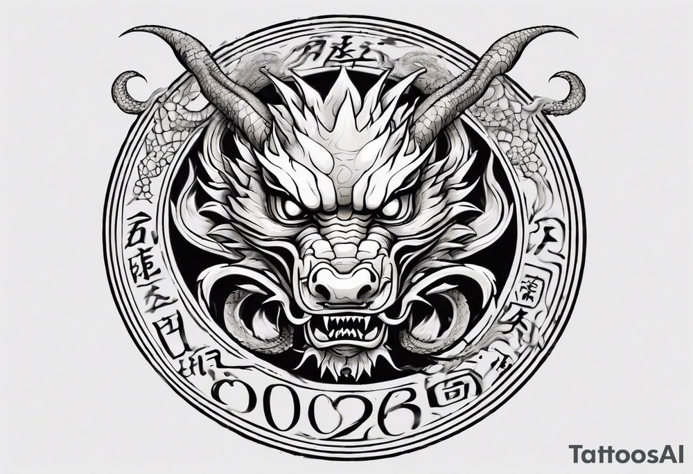 Chinese dragon in a circular shape with "02.03" written on its skin tattoo idea